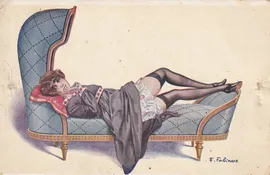 Risque French Beauty Lady Stockings Nouveau deco Postcard Signed F. FABIANO 1920
